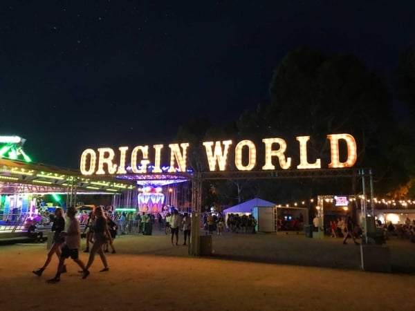 Giant light up letters at the entrance to Origin World festival in Langley Park, Perth.