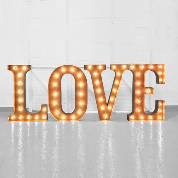 Giant light up love letters in rustic gold