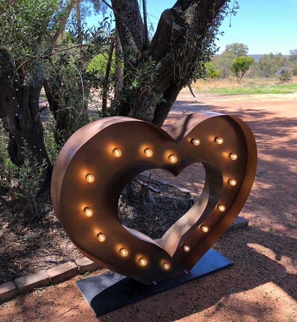 Light up LED heart at a wedding in Coolup, Western Australia.