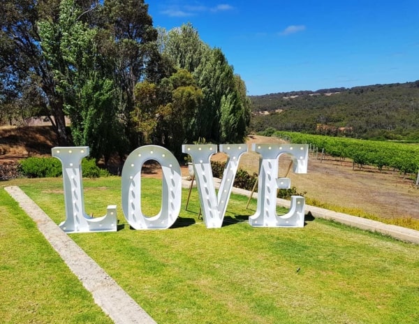LED light up love letters for a wedding at a Credaro Estate in Margaret River, South West Perth.