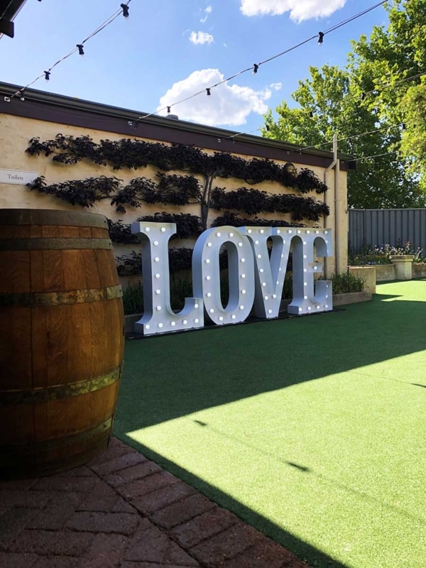 White light up love letters at Sandalford Wines in Swan Valley, Perth.