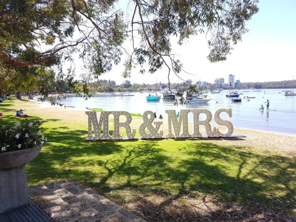 Large light up MR & MRS letters at a Matilda Bay wedding.