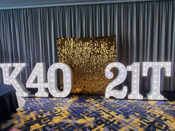 Shimmer wall for a combined 40th and 21st birthday party.